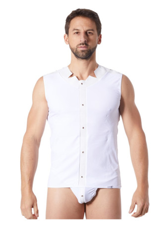 V-shirt débardeur blanc satiné avec bandes style cuir et dos avec transparence - LM807-77WHT
